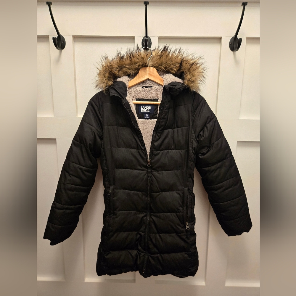 Land's End Girls Fleece Lined Down Alternative ThermoPlume Coat-Black, M (10/12)